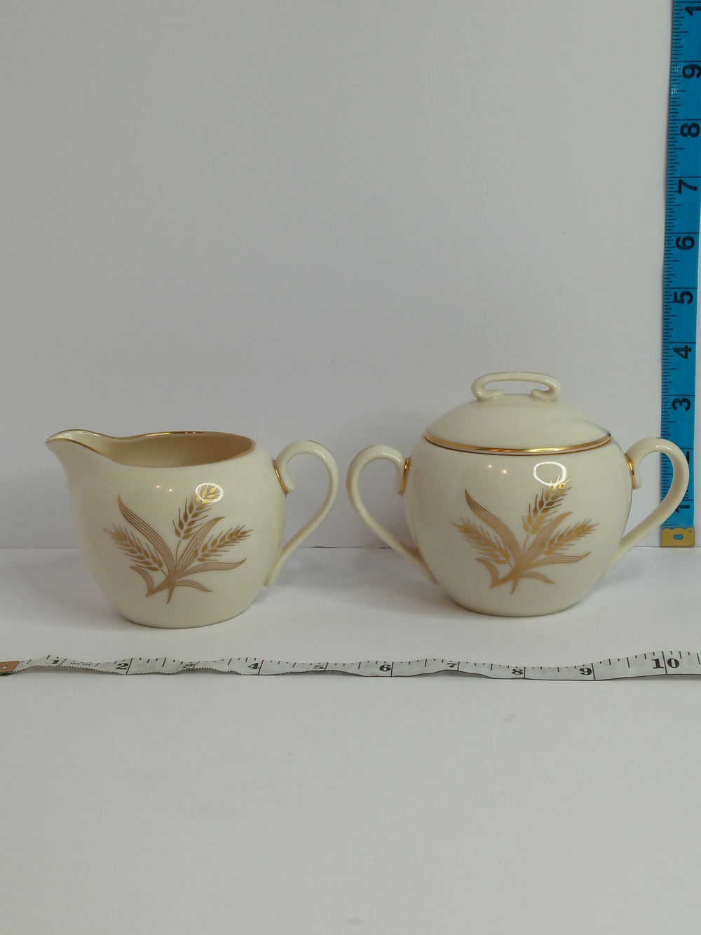 Porcelain Creamer and Sugar Set in Cream with Gold Wheat Accent